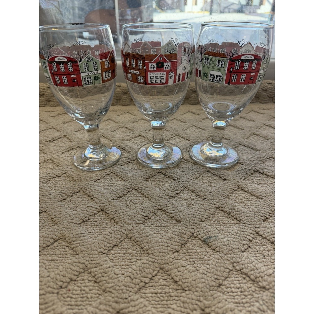 Set Of 3 Vintage Libby Winter Christmas Village Street Scene Wine Water Goblets